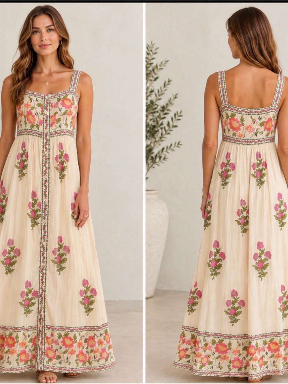THML Cream Maxi Dress with Pink Floral Embroidery